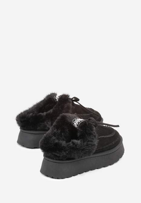 Czarne Rustykalne Śniegowce z Niską Cholewką Zdobione Futrem i Kokardą Tuspena