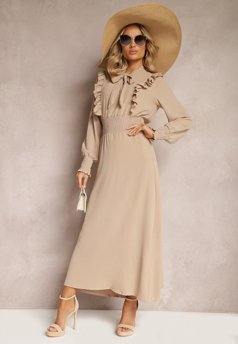 Zielona Maxi Sukienka Rozkloszowana z Falbankami i Wiązaniem przy Dekolcie Pallam