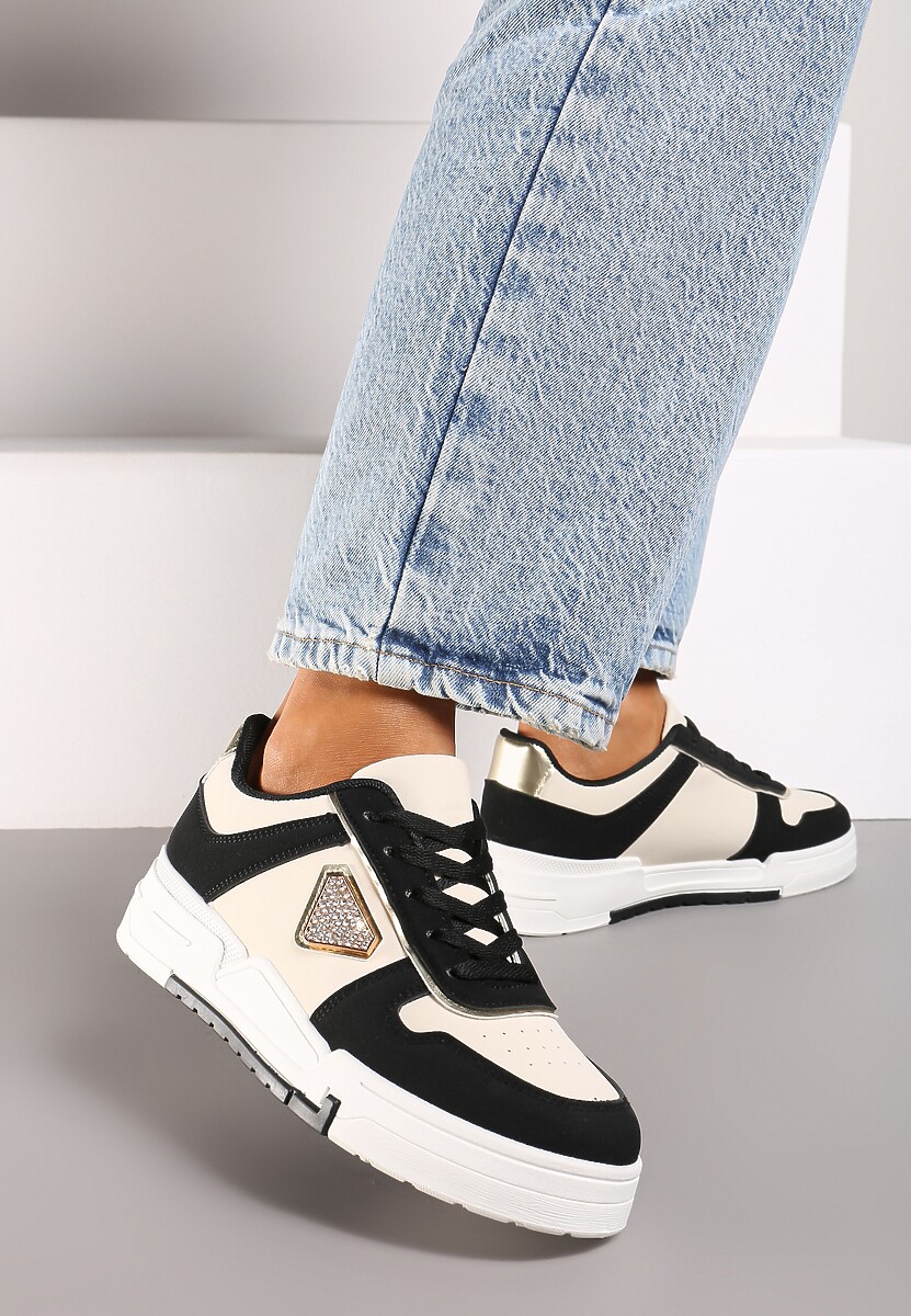 Czarne Sneakersy na Platformie z Cyrkoniową Aplikacją Rexania