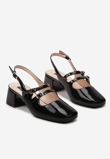 Czarne Czółenka na Niskim Słupku ze Sprzączkami i Noskiem w Kwadrat Seraphela