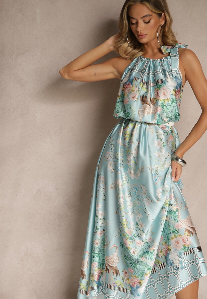 Jasnozielona Sukienka z Satyny Zdobiona Kwiatowym Wzorem i Wiązaniem Fenalesa