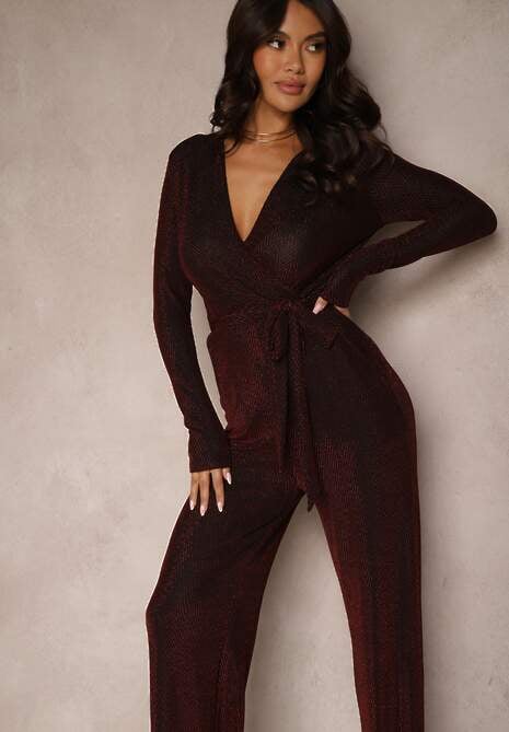 Bordowy Koktajlowy Kombinezon z Wiskozą Metaliczną Nicią i Paskiem Lilanea