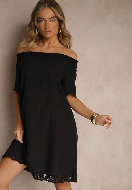 Czarna Sukienka o Kroju Hiszpanki z Bawełny z Ażurowymi Zdobieniami Filviana