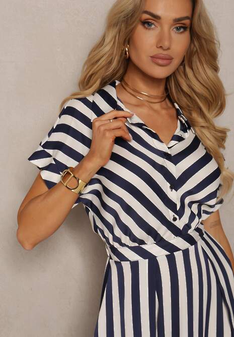 Biało-Granatowa Rozkloszowana Sukienka z Gumką w Talii i Guzikami z Printem w Paski Jentia