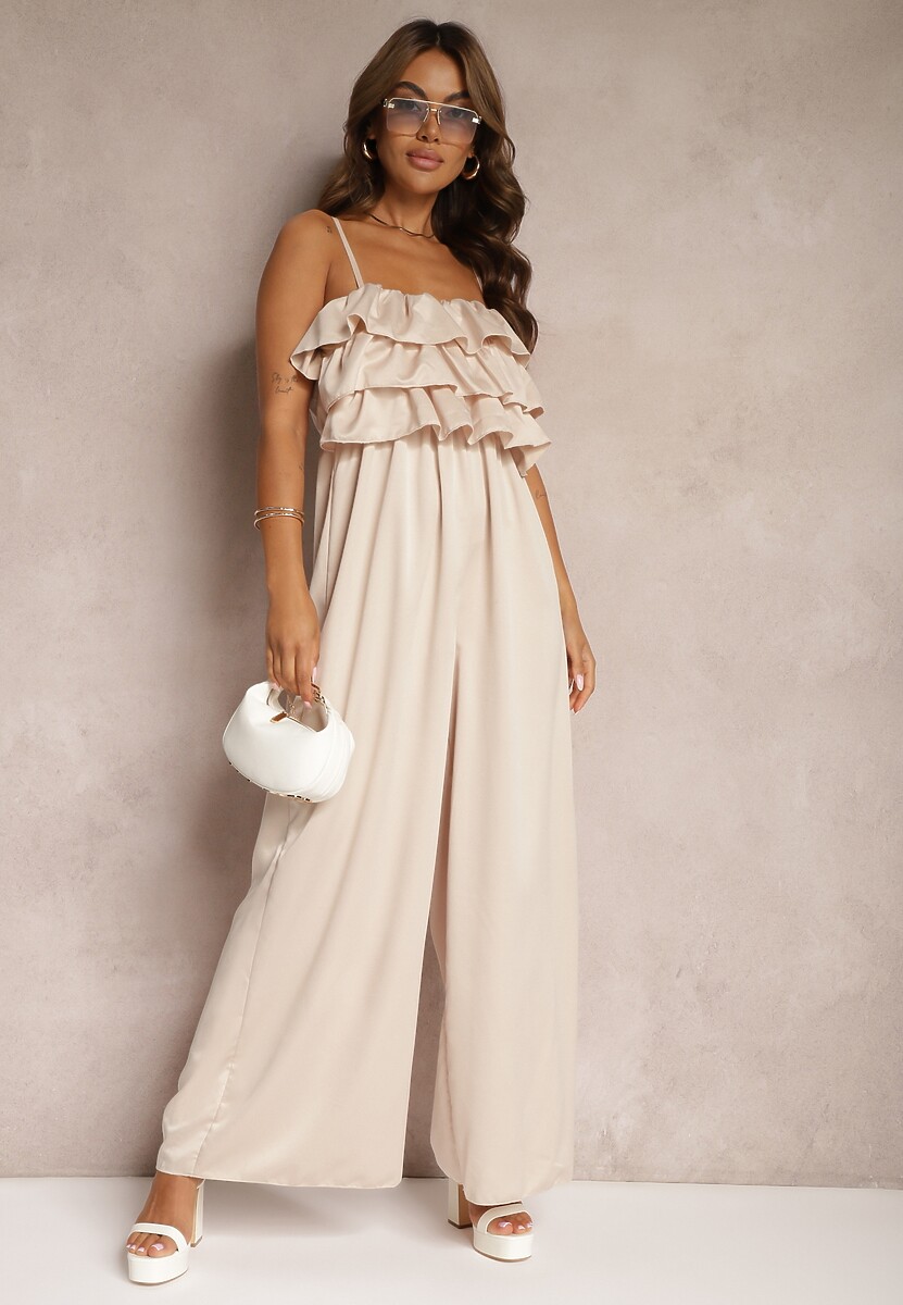 Beżowy Koktajlowy Kombinezon na Ramiączkach z Regulacją i Gumką w Talii Uesvia