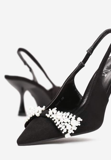Czarne Sandały na Szpilce ze Szpiczastym Noskiem i Perłami Capitolina