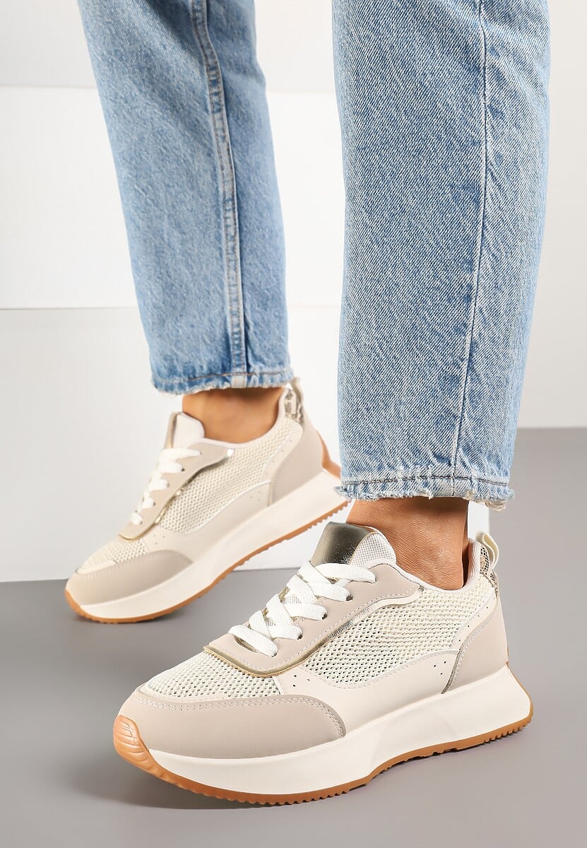 Beżowe Sneakersy Ozdobione Geometrycznym Motywem Calgis