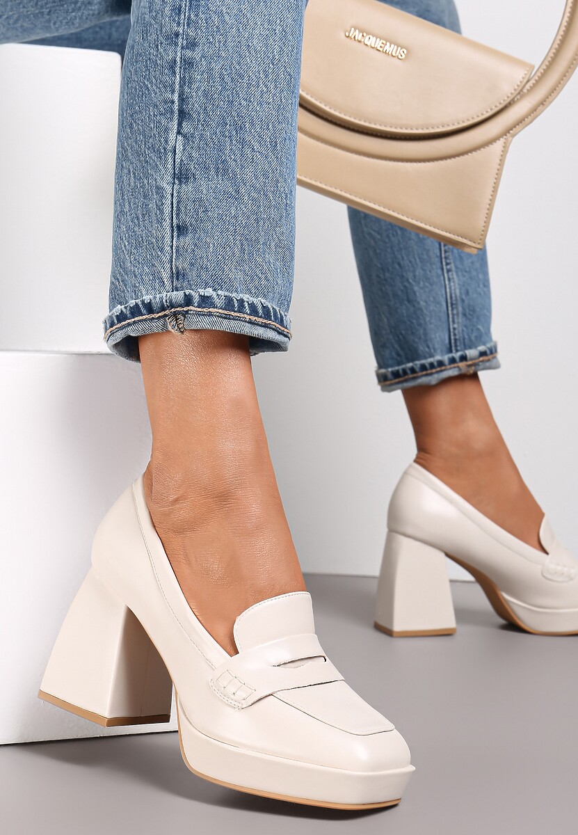 Beżowe Półbuty na Geometrycznym Słupku z Kwadratowym Noskiem Lanea