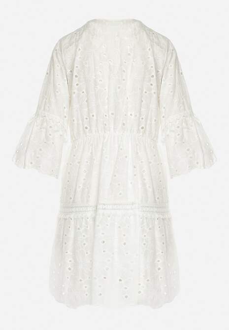 Biała Bawełniana Sukienka z Wiązaniem przy Dekolcie i Ażurowym Wzorem Falrisa