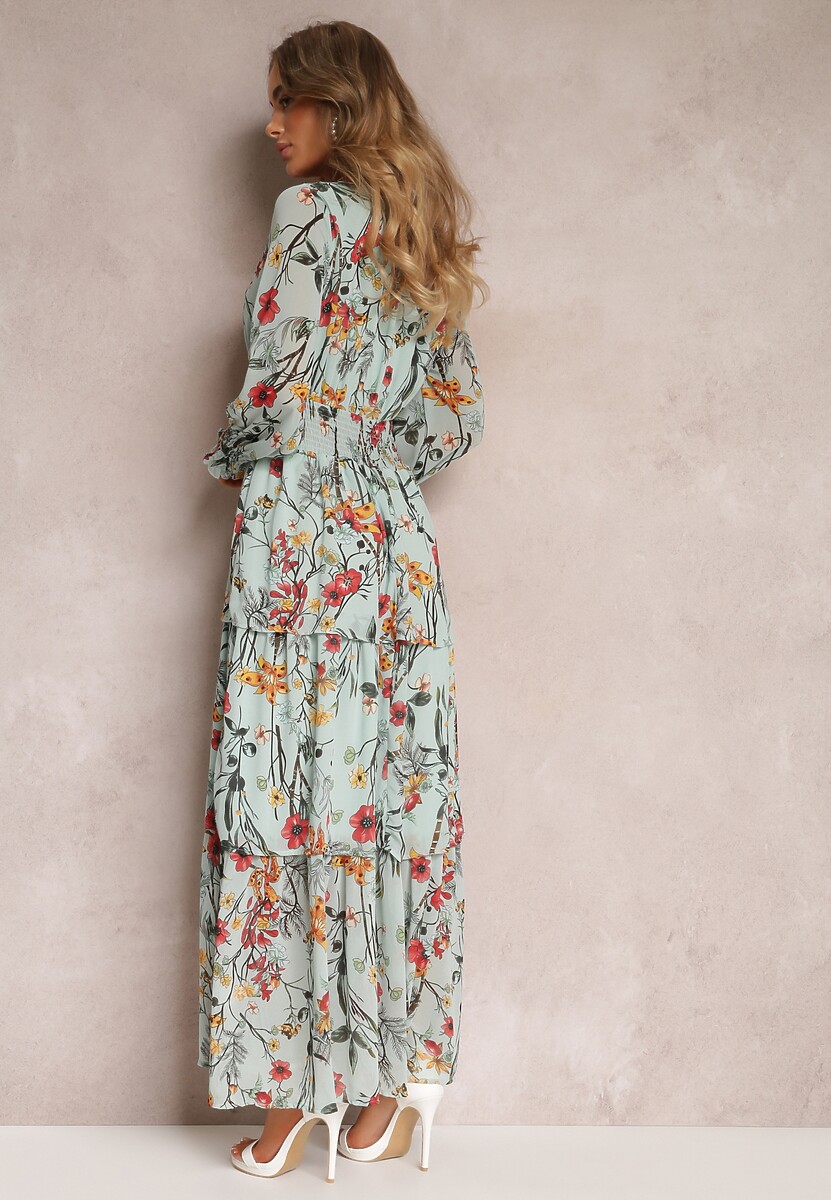 Miętowa Rozkoszowana Sukienka Maxi z Falbankami i Gumką w Talii Leezasa