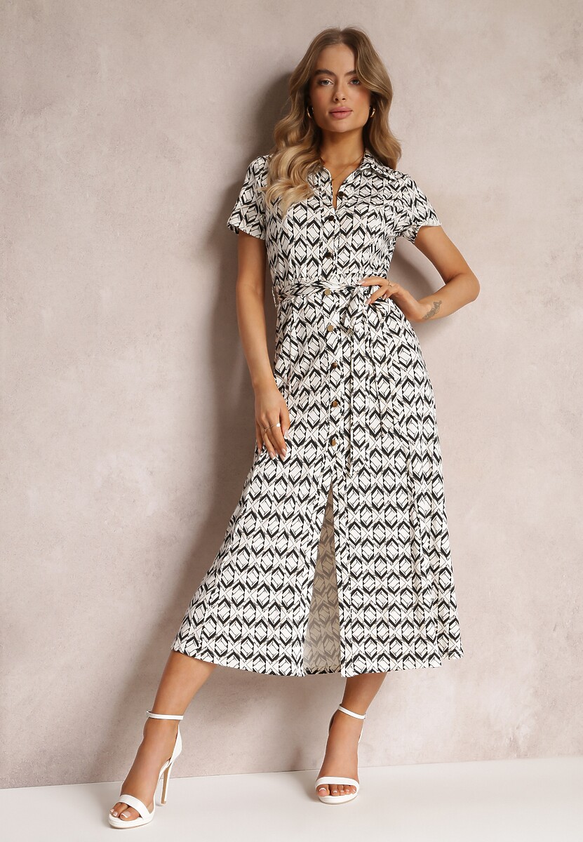 Beżowo-Bordowa Sukienka Mamci Koszulowa Wiązana w Pasie Maevana