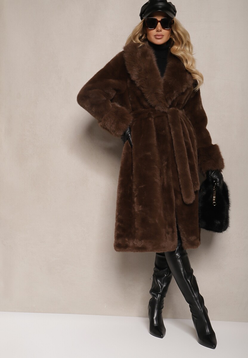 Brązowy Futrzany Płaszcz z Wiązanym Paskiem Ozdobnym Kołnierzem i Mankietami Viaressa