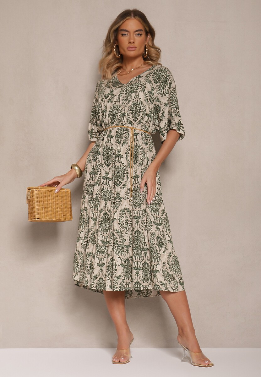 Ciemnozielona Sukienka z Bawełną i Abstrakcyjnym Motywem Filarella