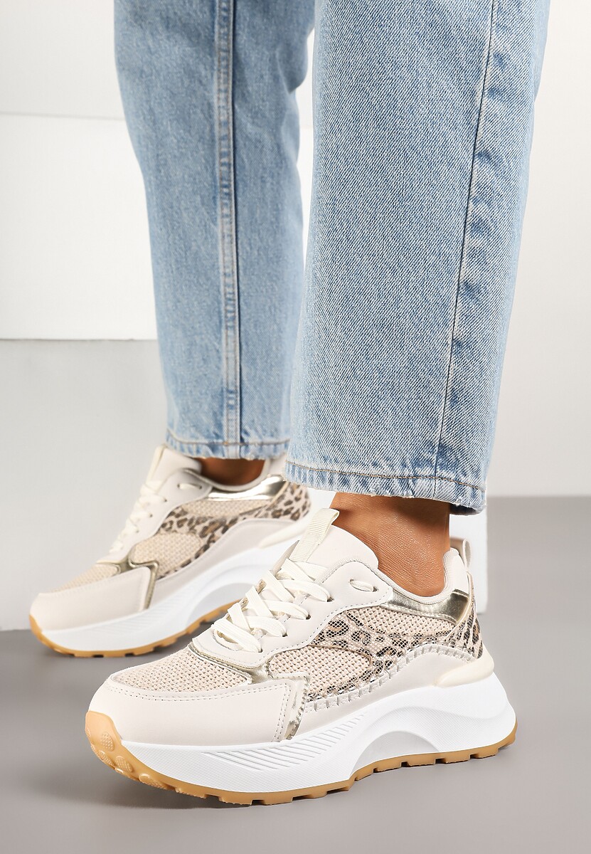 Beżowe Sneakersy na Platformie Ozdobione Metalicznym Zdobieniem i Wzorem w Panterkę Worsemi