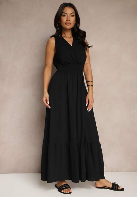 Czarna Rozkloszowana Sukienka o Kopertowym Fasonie z Gumką w Talii Filadira