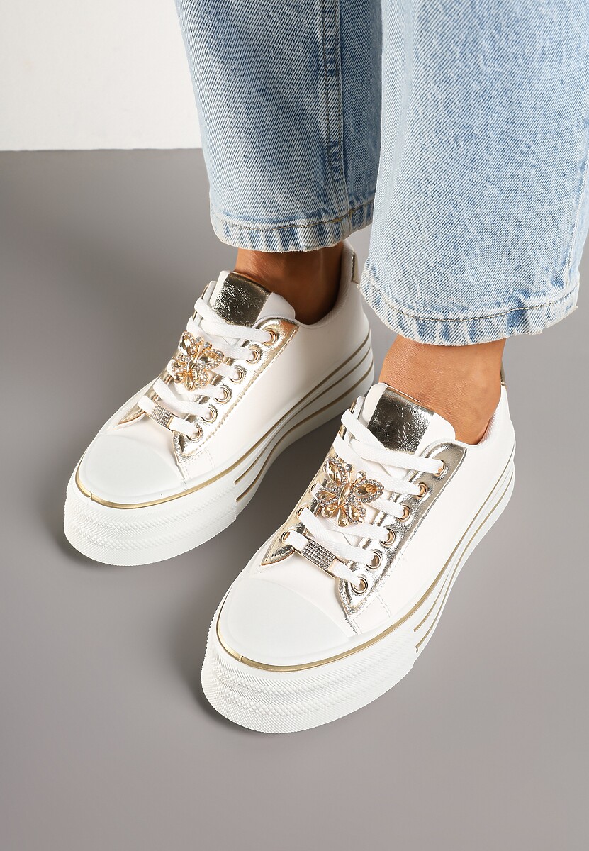 Biało-Złote Trampki na Platformie z Ozdobną Aplikacją w Kształcie Motyla Haniriel