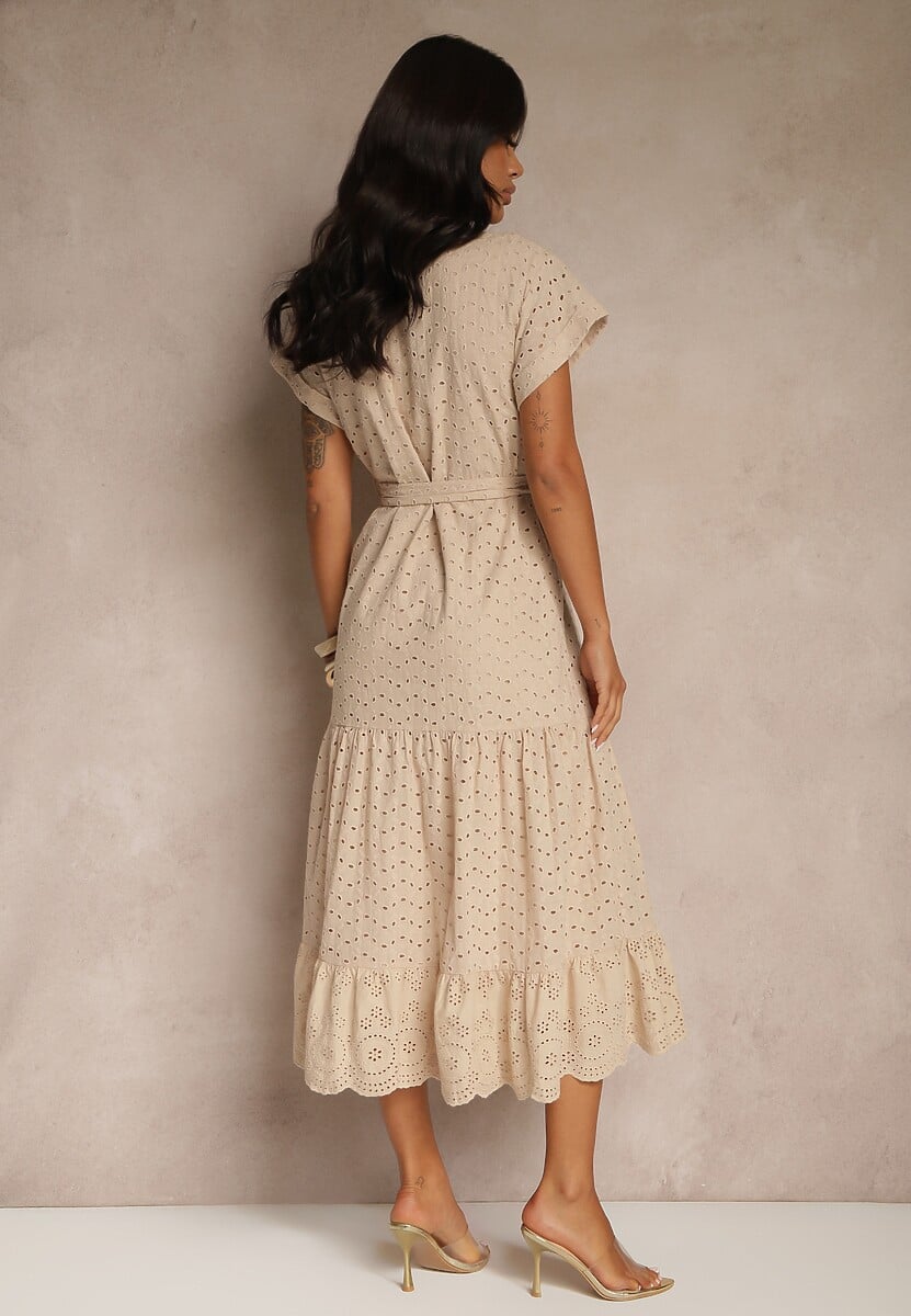 Beżowa Koszulowa Sukienka z Ażurowej Bawełny Wiązana w Talii Lulilena