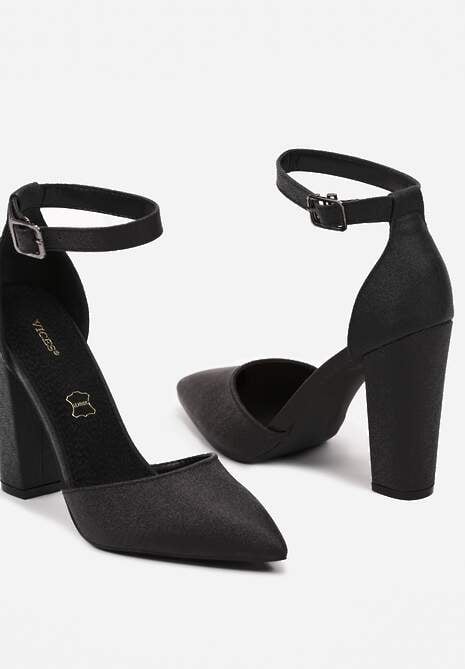 Czarne Czółenka Vices na Słupku Ozdobione Brokatem z Paskiem Wokół Kostki Izalithea