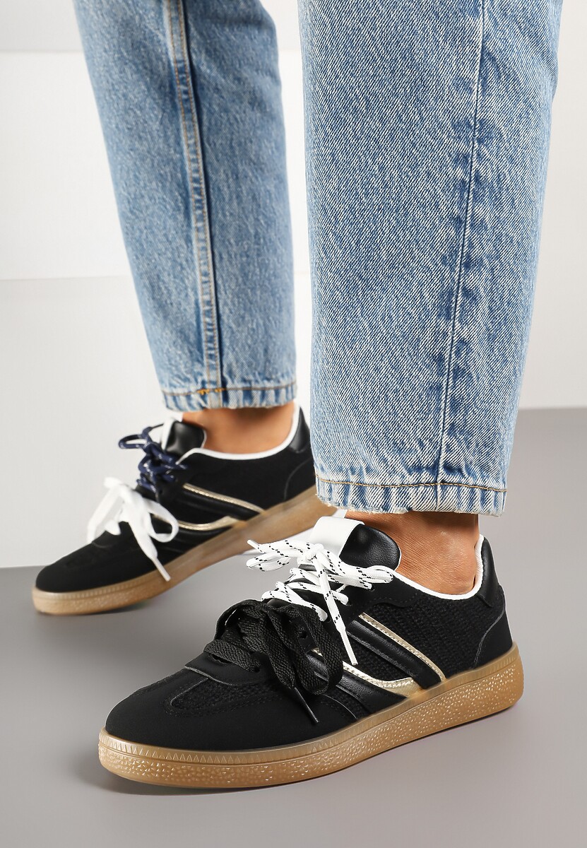 Czarne Sneakersy z Geometrycznymi Paskami i Podwójnym Wiązaniem Florlevi
