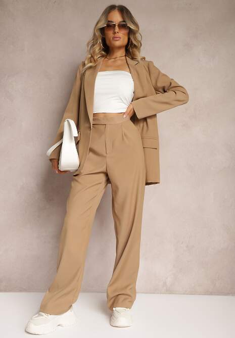 Ciemnobeżowe Szerokie Spodnie z Zapięciem na Haczyk Brutris