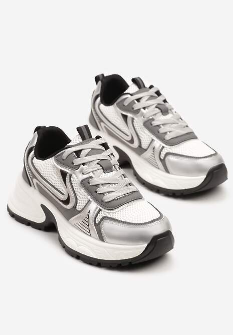 Biało-Srebrne Sneakersy na Profilowanej Podeszwie z Siateczkowymi Wstawkami Parinella