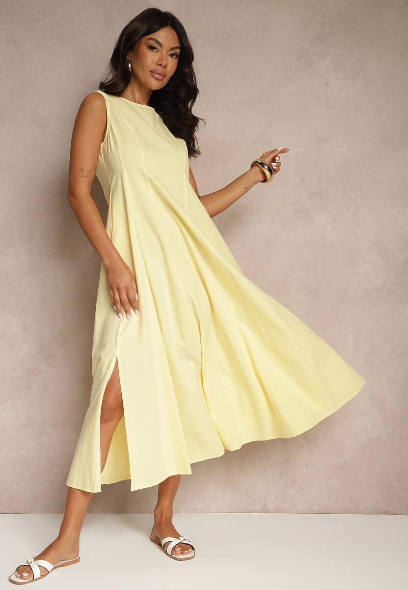 Niebieska Sukienka Rozkloszowana z Wiskozą Bawełną i Rozcięciem na Nogę Saravisse