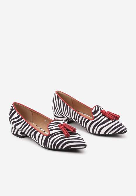 Czarno-Białe Czółenka na Słupku w Stylu Mokasynów Ozdobione Frędzlami i Paskami Artalla