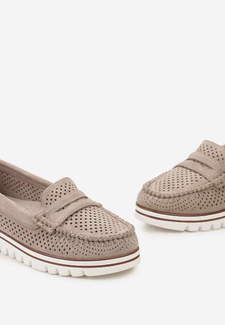 Beżowe Ażurowe Mokasyny Casual z Wkładką ze Skóry Naturalnej  Marra