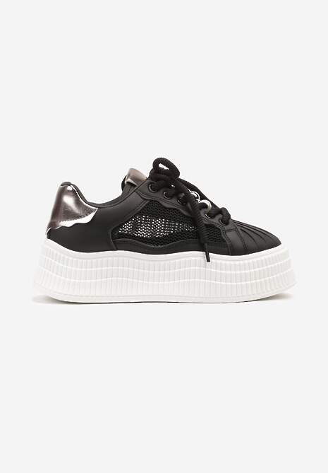 Czarne Sneakersy na Tłoczonej Platformie Elazia