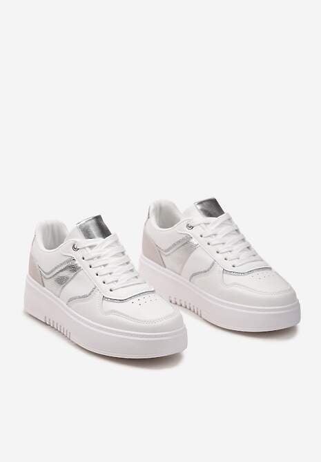 Biało-Srebrne Sneakersy na Platformie z Brokatowymi Akcentami Sellona