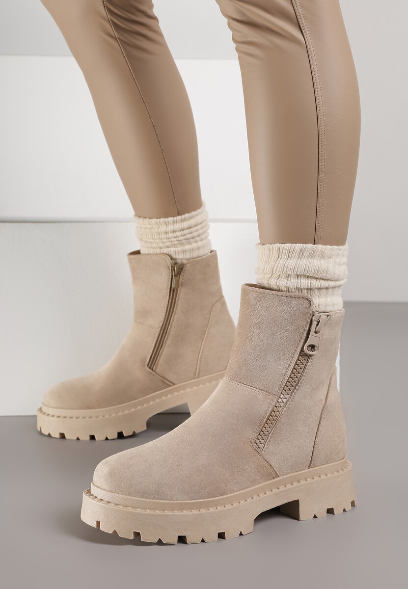 Ciemnobeżowe Botki na Platformie z Ozdobnym Suwakiem z Boku Tarienne