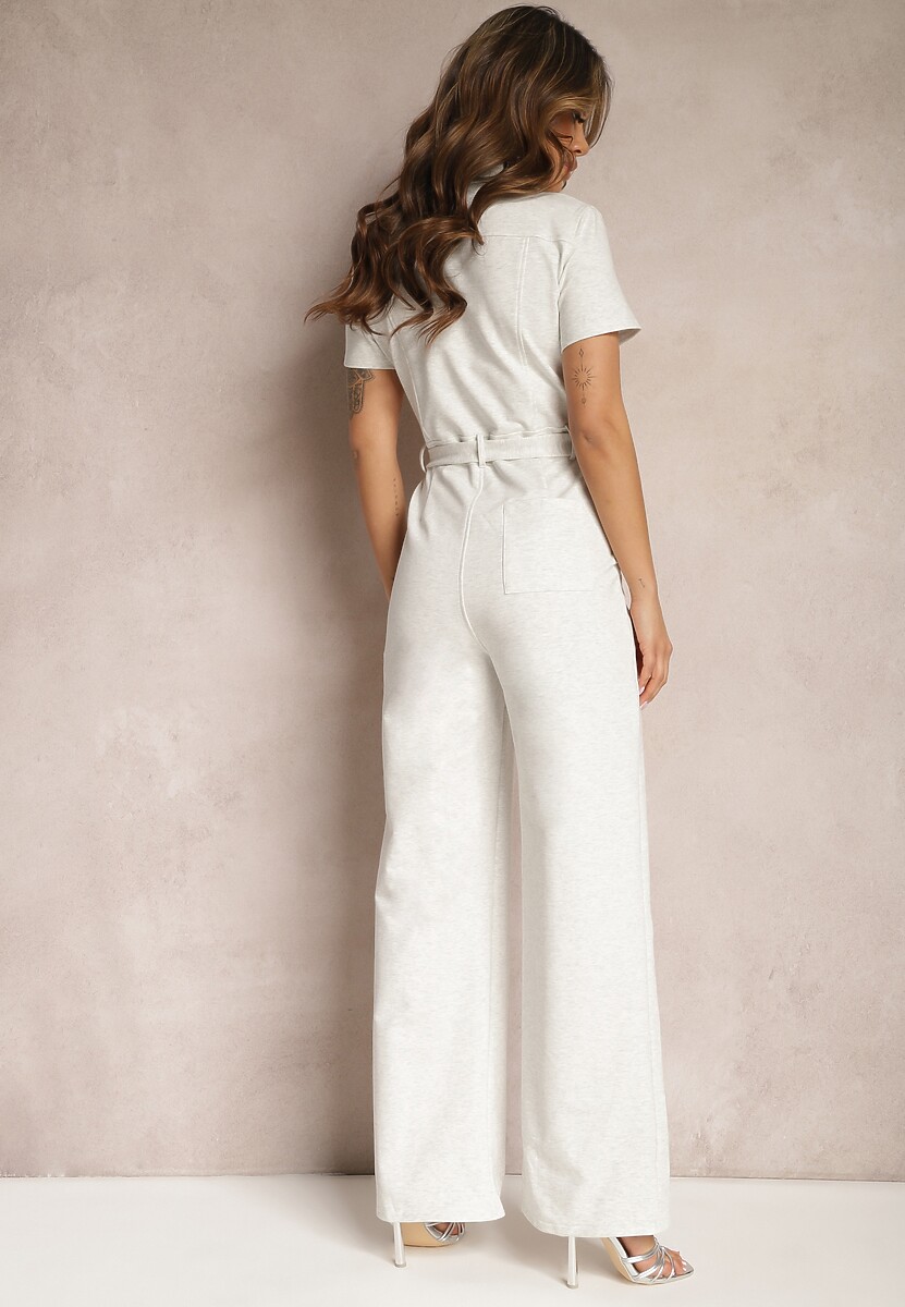 Jasnoszary Kombinezon z Elastycznej Bawełny z Suwakiem i Wiązanym Paskiem Ecatra