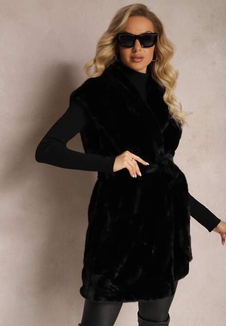 Czarna Futrzana Kamizelka przed Kolano z Wiązanym Paskiem Sophronia