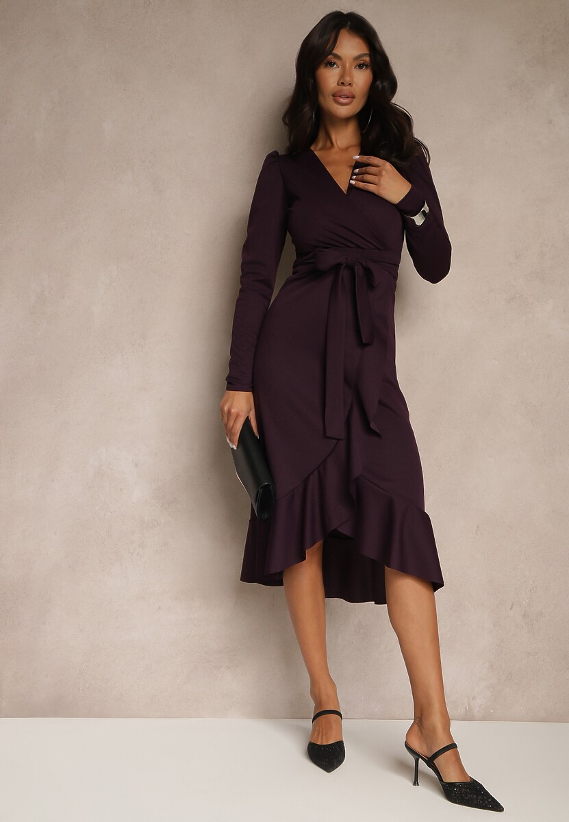 Fioletowa Sukienka z Kopertowym Dekoltem Wiązana w Talii Deviara