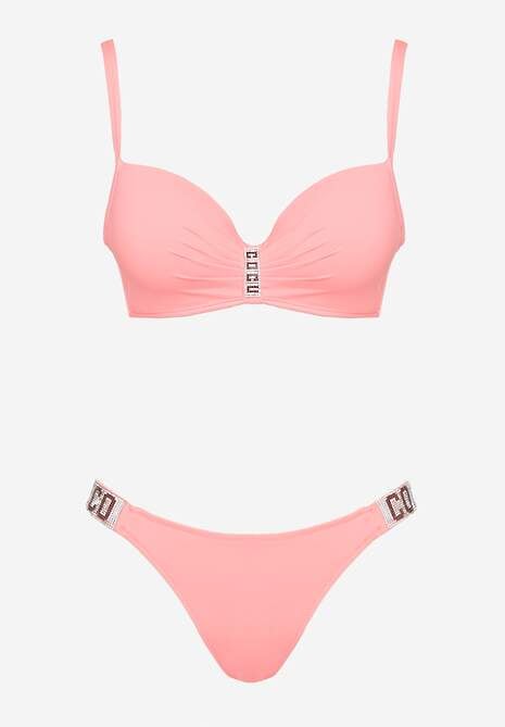 Różowe Bikini Biustonosz i Majtki Figi z Aplikacją z Cyrkoniami Nateria