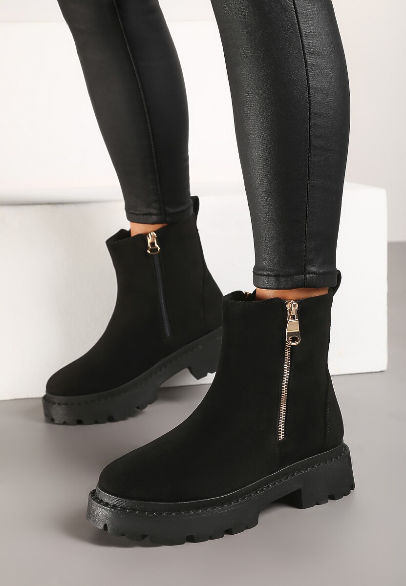 Czarne Płaskie Botki z Ekozamszu z Suwakiem Tinaferr