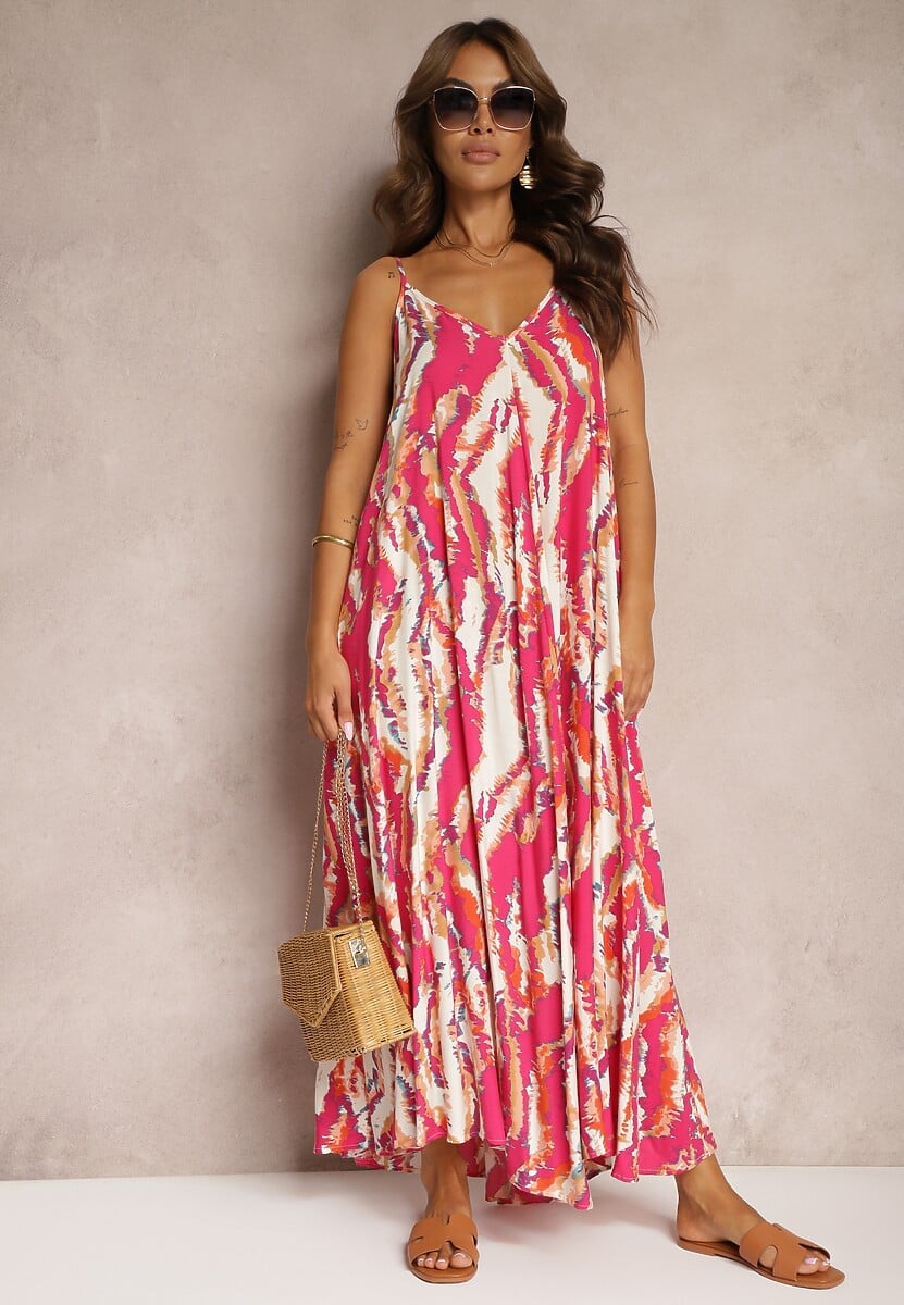 Ciemnoróżowa Wiskozowa Sukienka o Rozkloszowanym Kroju na Ramiączkach Risaletti