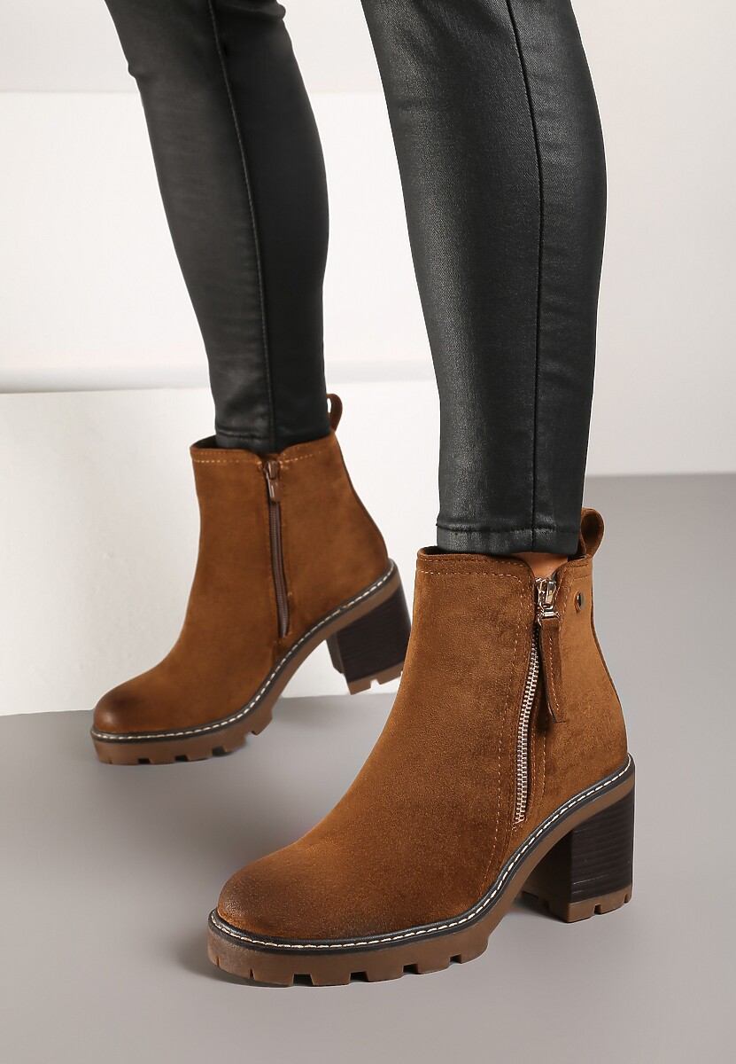 Brązowe Botki na Słupku Boho z Suwakiem Kodra