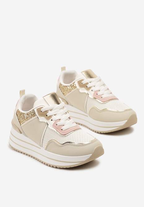 Beżowe Sneakersy na Niskiej Platformie ze Wstawkami z Brokatu Quinnes