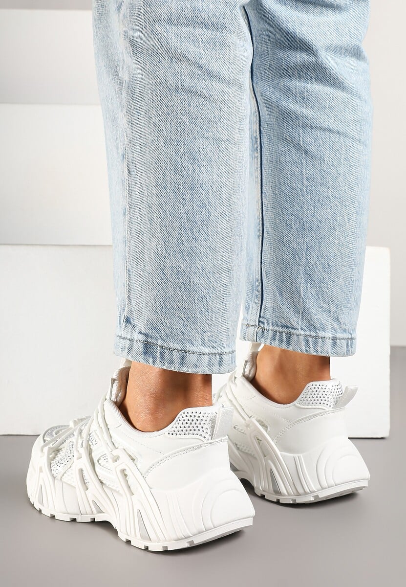 Białe Sneakersy na Platformie z Cyrkoniami i Geometrycznym Wzorem Lavivione