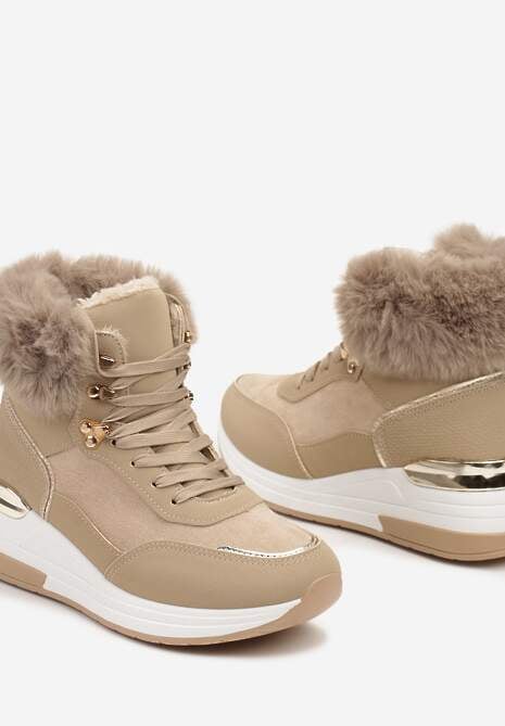 Ciemnobeżowe Futerkowe Sneakersy na Koturnie z Metalicznymi Wstawkami Kaithrin