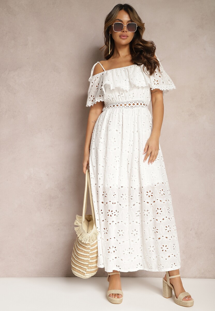 Biały Haftowany Kombinezon na Ramiączkach z Falbanką i Ażurową Wstawką Firlena