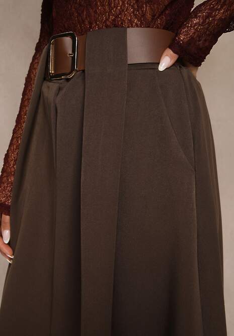 Brązowa Spódnica z Wiskozą o Rozkloszowanym Kroju z Paskiem z Klamrą Tiavela