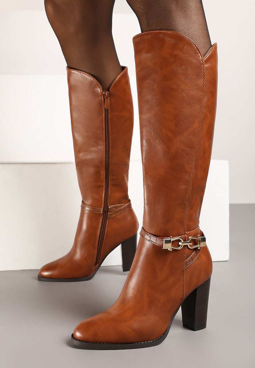 Jasnobrązowe Kozaki na Słupku Muszkieterki z Klamerką Vortilina