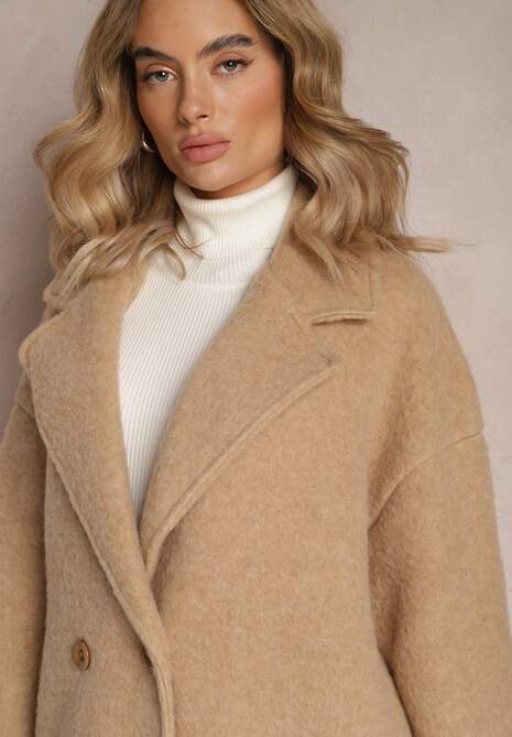 Beżowy Długi Płaszcz Jednorzędowy o Kroju Oversize Vlekoma