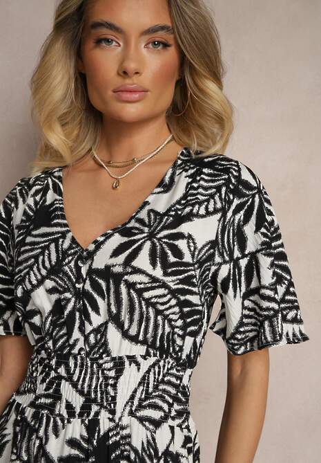 Czarna Sukienka z Gumką w Pasie Ozdobiona Roślinnym Wzorem Charina