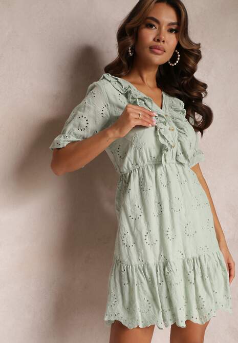 Zielona Ażurowa Sukienka Mini z Gumką w Taliii Falbankami Rakki
