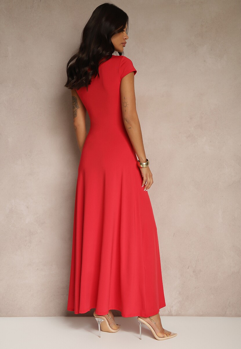 Czerwona Rozkloszowana Sukienka z Wiskozą z Kwadratowym Dekoltem Nalorina