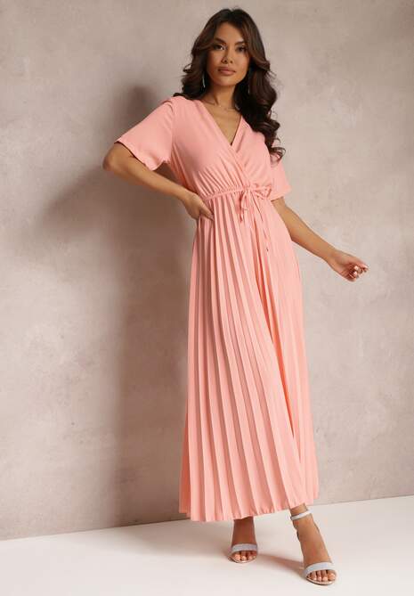 Różowa Rozkloszowana Sukienka Plisowana z Wiązanym Paskiem Eilemona