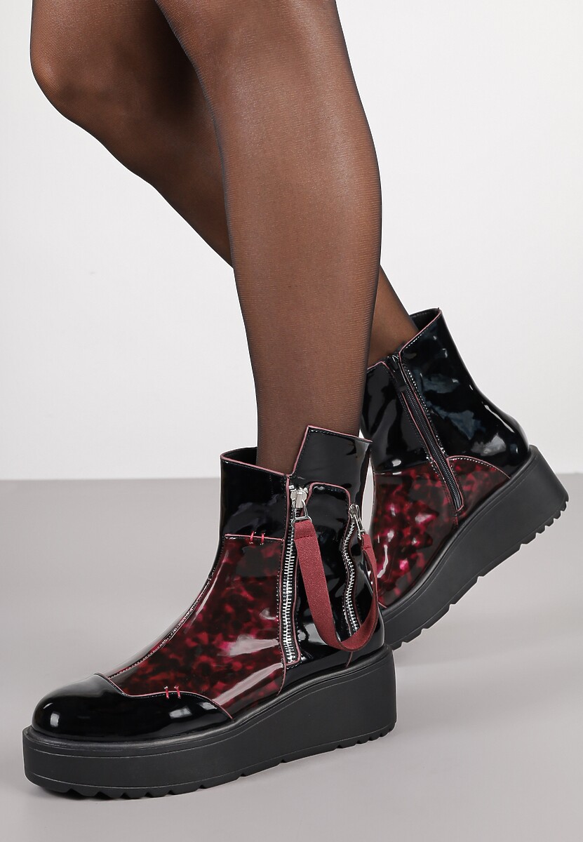 Czarno-Czerwone Botki Lakierowane Vices na Koturnie i Platformie Ozdobione Suwakiem Gattie